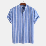 Cotton Linen Shirt Men's Summer Short-sleeved Striped Shirts Solid Color Turn-down Collar Casual Beach Style Blouse Top Pullover