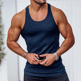 Riolio Casual Solid Color Woven Tank Tops Men Fashion Slim Fit Crew Neck Sleeveless Vest For Mens Sports Training Fitness Ribbed Tops