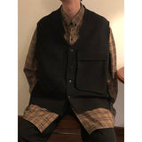 Riolio Spring Korean Fashion Vintage Long Sleeve Plaid Shirt Men Coffee Color Hong Kong Loose Casual oversized Button Up Shirt