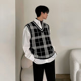 Riolio Plaid Knitted Sweater Vest Men Autumn New Korean Fashion V-neck Sweater Vest College Style Loose Casua Harajuku Sweater