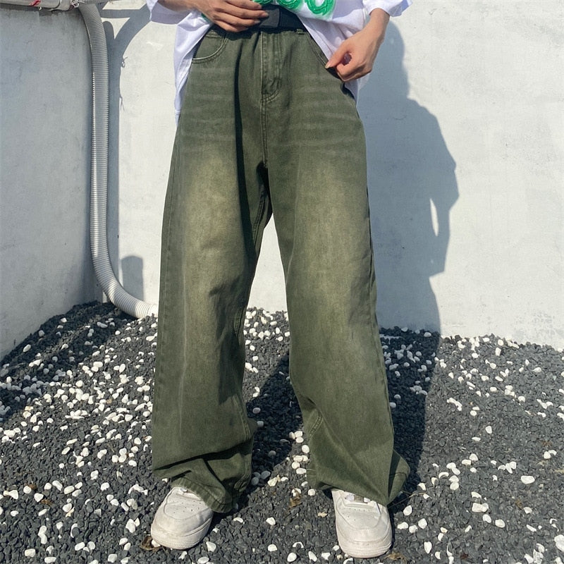 Green Jeans Baggy Distressed Vintage Denim Trousers Male Wide Leg