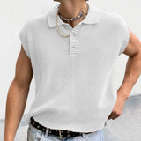 Riolio Solid Knitting Tops Men Sleeveless Buttoned Turn-down Collar Knit Vest Shirts Spring Summer Men's Clothing Fashion