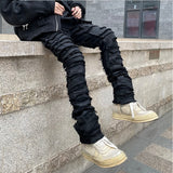 Riolio Heavy Industry Hole Frayed Destruction Waxed Jeans Mens High Street Retro Straight Ripped Pencil Pants Oversize Denim Trousers