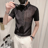 Summer Transparent Lace Stitching Hollow Shirts Mens Long Sleeve Slim Fit Club Prom Shirt High Quality Social Party Clothes