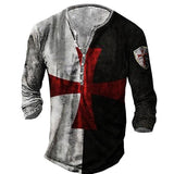 Vintage Cotton Men's T-shirts 3D Printed Knight Gothic Long Sleeve Casual Henley Shirt Oversized Top Tee Shirt Man Punk Pullover