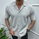 Leisure Solid Color Ribbed Shirts Men Clothes Fashion Short Sleeve Lapel Button Shirt Spring Summer Men's Casual Streetwear