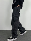 Riolio Dark Straight Jeans Men's Korean Autumn Winter Kpop Vintage Black Denim Pants Women Popular Washed Loose Cargo Trousers