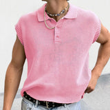 Riolio Solid Knitting Tops Men Sleeveless Buttoned Turn-down Collar Knit Vest Shirts Spring Summer Men's Clothing Fashion