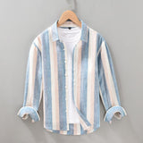 Riolio 100% Linen Casual Striped Shirt for Mens Long Sleeve Turn-down Collar Shirts Spring New Men Dress Shirt