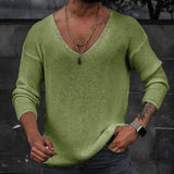 Men Spring V Neck Rib Bottoming T-shirts Pullover Autumn Long Sleeve Slim Fit Tees Tops Simple Casual Plain Thin Knit Shirt