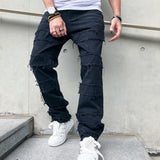 New Simple Stylish Men Hip Hop Ripped Patch Straight Loose Jeans Pants Streetwear Male Casual Denim Trousers