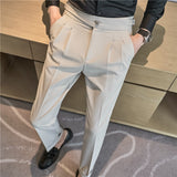 Riolio British Style Autumn New High Waist Dress Pants Men Belt Design Slim Fit Suit Pants Formal Office Social Wedding Party Trousers