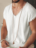 Riolio Casual Well Fitting New Men Vacation Stitching Camiseta Simple All-match Male V-neck Tassel Webbing Tees S-5XL