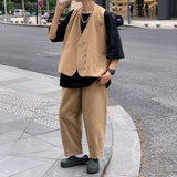 Riolio Casual Pants Set V-neck Sleeveless Solid Loose Chic Vests Tops Wide Leg Trousers Vintage Korean Style Two Piece Sets