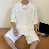 Riolio Summer Pleated Sets Men Fashion 3-color Casual Ice Silk Sets Mens Loose Casual Short-sleeved T-shirt/Shorts Two-piece Set Men