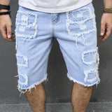 Riolio Summer Men Streetwear Ripped Patch Denim Shorts Stylish Solid Casual Straight Male Jeans Five-point Pants