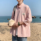 Summer Pink Stripe Men's Shirts Half Sleeve Oversized Korean Clothing Casual Fashion Male Blouses Tops