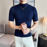 Riolio Autumn High Quality Short Sleeve Knitted T Shirts  Men Slim Solid Pullovers Half Turtleneck Casual Stretched Tee Shirt Homme