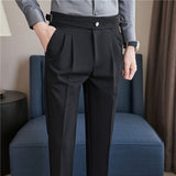 Riolio British Style Autumn New High Waist Dress Pants Men Belt Design Slim Fit Suit Pants Formal Office Social Wedding Party Trousers