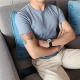 Riolio 7 Colors New Summer Boutique Solid Color High-end Brand Men's Casual High-neck Short-sleeved T-shirt Crew Neck Shirt Male