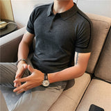 Color Blocked Striped Knitted Polo Shirt Mens Summer Short Sleeved Lapel Ice Silk Tee Men Slim Business Social Polos Streetwear