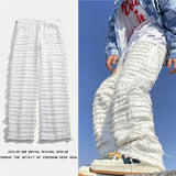 Riolio White Hip Hop Jeans Striped Tassel Frayed Straight Baggy Jeans Pants Harajuku Male Female Solid Streetwear Casual Denim Trousers