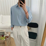 Riolio Spring New Shirt Men Blue Simple Silk Shirt Long Sleeve Solid Color Loose Casual Fashion Designer Men Dress Shirt Blouses