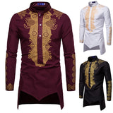 Mid Length Men's Shirt Muslim Men's Clothing Gilded Printed Standing Collar  White Shirt