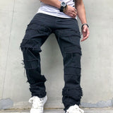 New Simple Stylish Men Hip Hop Ripped Patch Straight Loose Jeans Pants Streetwear Male Casual Denim Trousers