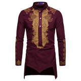 Mid Length Men's Shirt Muslim Men's Clothing Gilded Printed Standing Collar  White Shirt