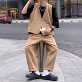 Riolio Casual Pants Set V-neck Sleeveless Solid Loose Chic Vests Tops Wide Leg Trousers Vintage Korean Style Two Piece Sets