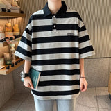 Japanese Stripe Short Sleeve Tee Turndown Collar Loose Men's Clothing Preppy Style Leisure Harajuku Korean Summer Clothes