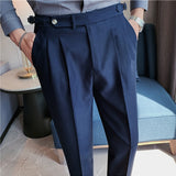 Riolio British Style Men High Waist Casual Business Dress Pants Streetwear New Fashion Social Belt Decoration Slim Fit Suit Pants