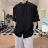 Daily Casual Mens Shirt Pure Color Pleated Buttoned Stand Collar Loose Tops Shirt Summer Fashion Half Sleeve Shirts Streetwear