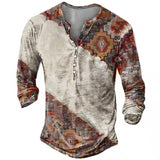 Vintage Men's T-shirts With Button Ethnic Pattern Printed Spring Autumn Loose O-Neck Long Sleeve Oversized T Shirts Men Clothing