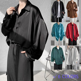 Korean Fashion Men's Satin Luxury Dress Shirt Loose Silk Casual Dance Party Long Sleeve Wrinkle Free Tuxedo Shirt