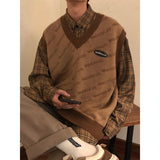 Riolio Spring Korean Fashion Vintage Long Sleeve Plaid Shirt Men Coffee Color Hong Kong Loose Casual oversized Button Up Shirt