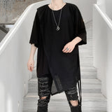 Summer Hem Irregular Mesh Patchwork Long T Shirt Men Harajuku Hip Hop Short Sleeve Tee Shirts Gothic Punk Vintage Clothing