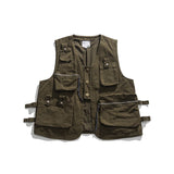 Japanese American functional multi-pocket men's tooling vest retro washed Hip-Hop jacket vest brand men's clothes army green