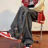 Riolio Vintage Distressed Jeans Side Button Pants Men Black Denim Trousers Male Autumn Loose Casual Japanese Streetwear Hip Hop