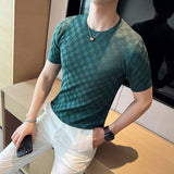 Mens High Elasticity Transparent Mesh Knitted T-shirts Summer Short Sleeve O-Neck Hollow T Shirt Male Casual Plaid Tee Tops