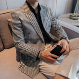 Riolio British Style Slim Fit Houndstooth Blazer For Men Fashion Double Breasted Business Office Wedding Dress Suit Jacket