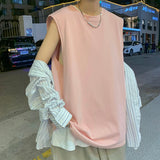 Summer New Korean Fashion O-Neck Mens Tank Tops 100% Cotton Soft Loose Oversize Sleeveless Tops Black Lake Green