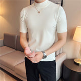 Riolio Autumn High Quality Short Sleeve Knitted T Shirts  Men Slim Solid Pullovers Half Turtleneck Casual Stretched Tee Shirt Homme