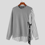 Riolio Tops Handsome Men's Solid Color Spliced Stripe Fake Two Piece T-shirts Casual Streetwear Hot Sale Knitted Camiseta