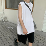 Summer New Korean Fashion O-Neck Mens Tank Tops 100% Cotton Soft Loose Oversize Sleeveless Tops Black Lake Green