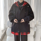 Korean Black White Plaid Men Hooded Jacket Harajuku Man Oversized Coats Spring Male Casual Outwears Clothing