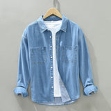 Spring Autumn Men Denim Shirt Long Sleeve Soft 100% Cotton Two Pockets Slim Slight Elastic Jean Tops Cowboy Button Shirt