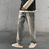 New in Denim Pants Solid Color Wide Leg Straight Mid Waist Pockets Bottoms Loose Fit Zipper Fly Jeans Men Clothes