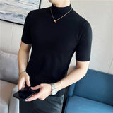 Riolio Autumn High Quality Short Sleeve Knitted T Shirts  Men Slim Solid Pullovers Half Turtleneck Casual Stretched Tee Shirt Homme